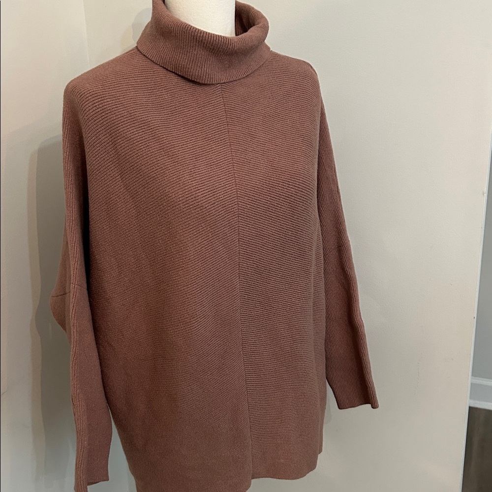 Oversized Brown Sweater Tunic Turtleneck Ribbed Texture Drop Shoulder Size XL - Picture 3 of 8